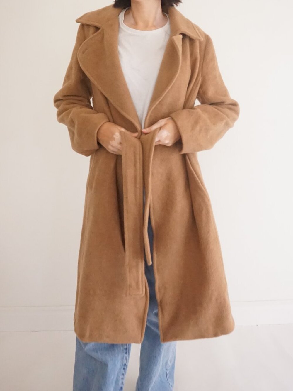 Aritzia Babaton Camel Belted Wrap Long Wool Coat Tie Waist Collared Jacket S